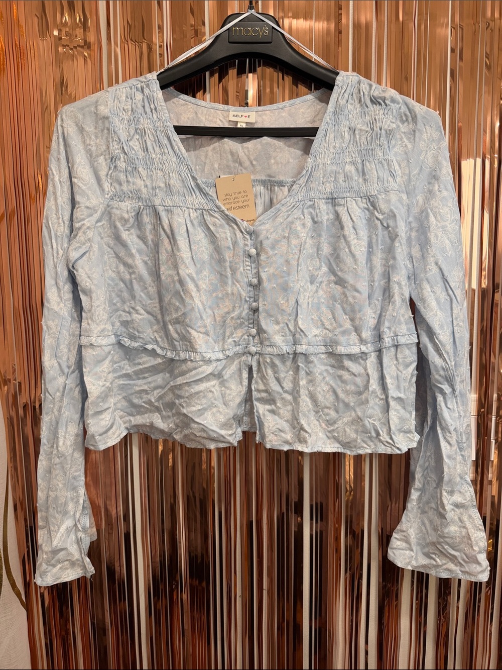 Light Blue Smocked Yoke Tiered Button-Front Blouse NEW XL